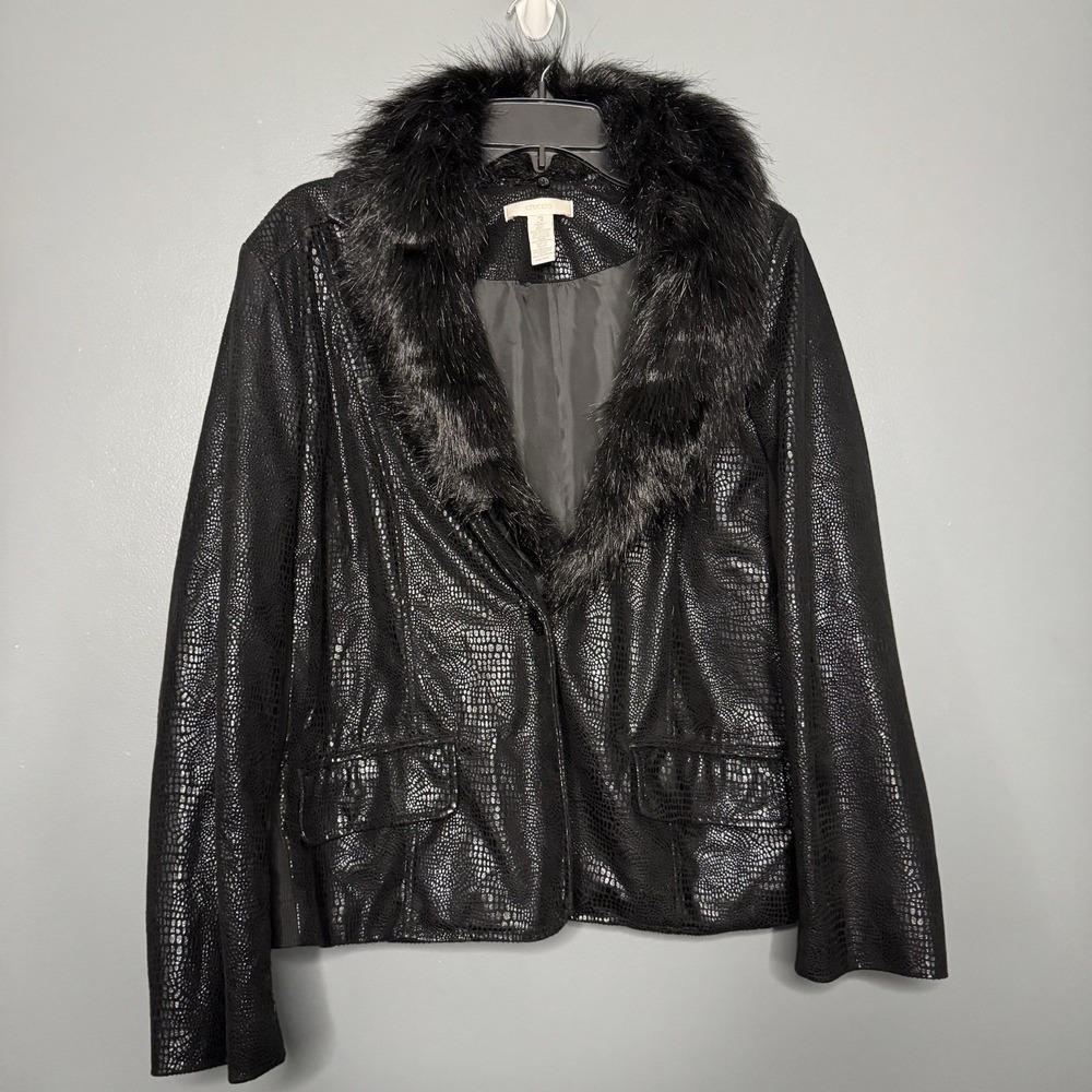Chicos Womens Coat Jacket‎ Faux Leather Animal Size 3 Faux Fur Collar Black Y2k